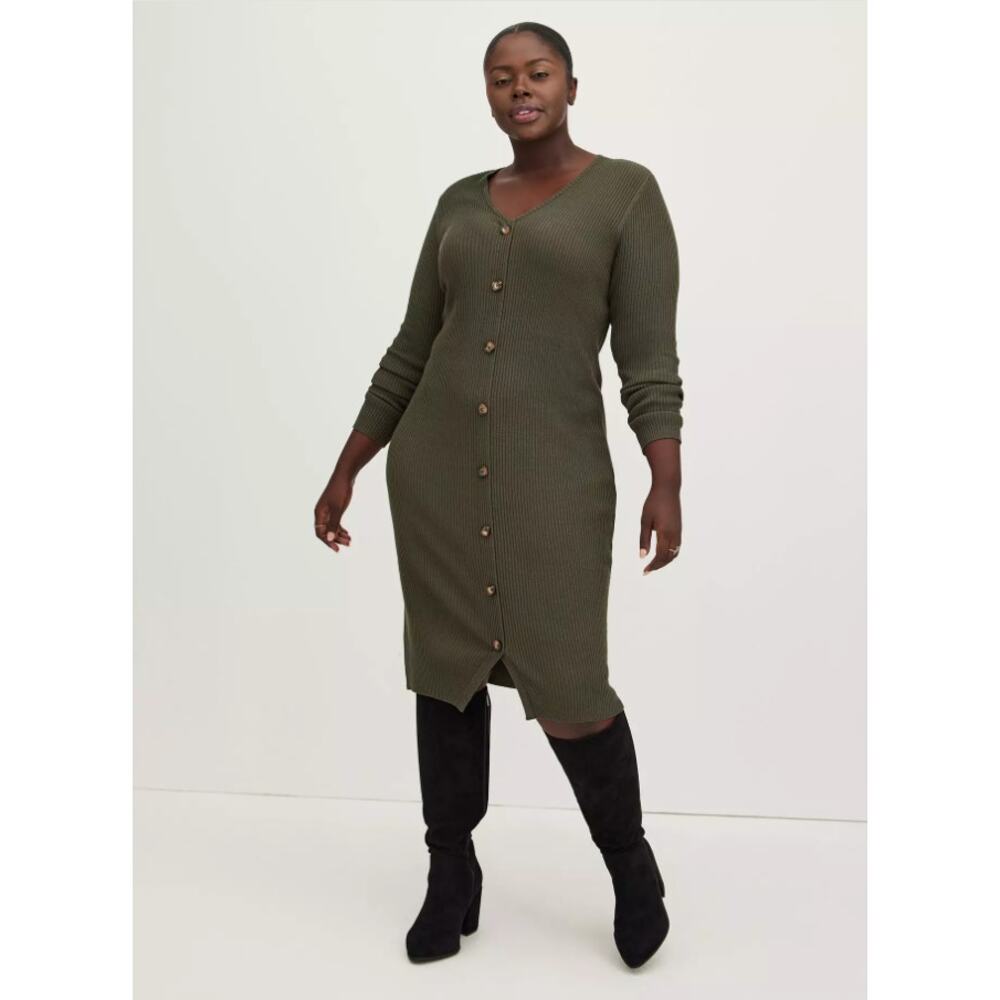 Torrid Olive Ribbed Bodycon Sweater Dress Button Front Midi Plus Size